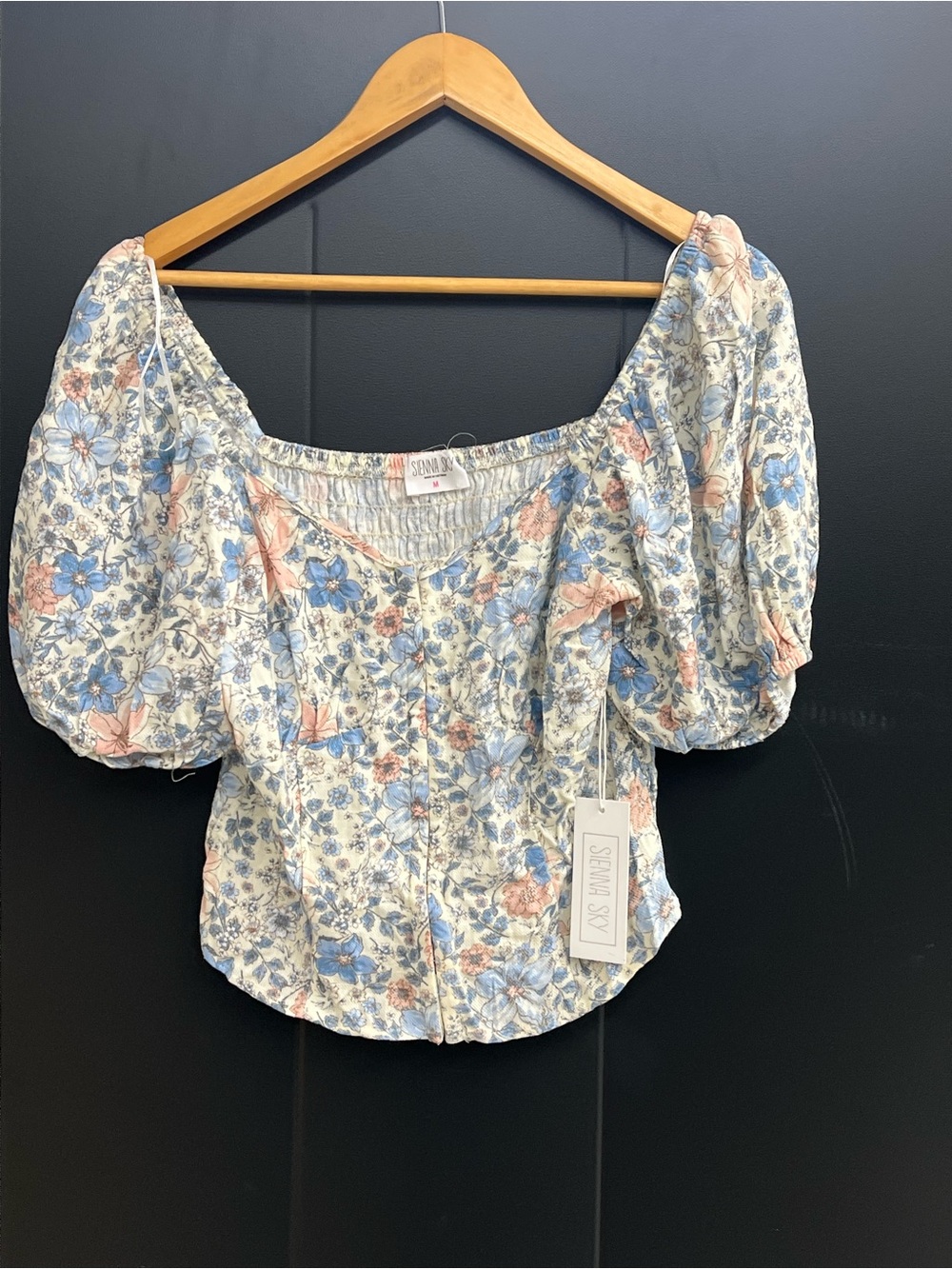 Sienna Sky Blue & Peach Floral Puff-Sleeve Crop Top